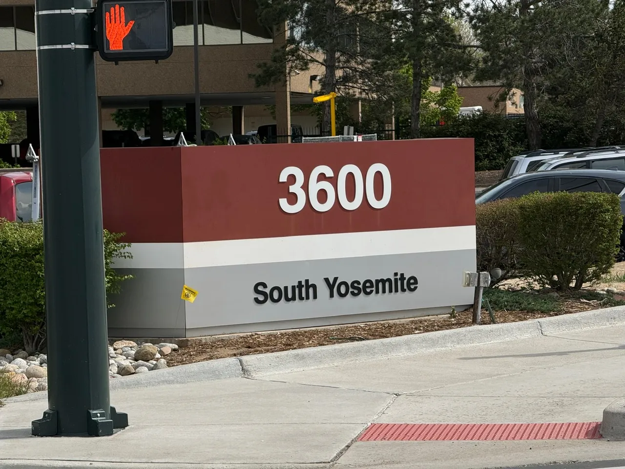 The 3600 South Yosemite building monument sign at the street.